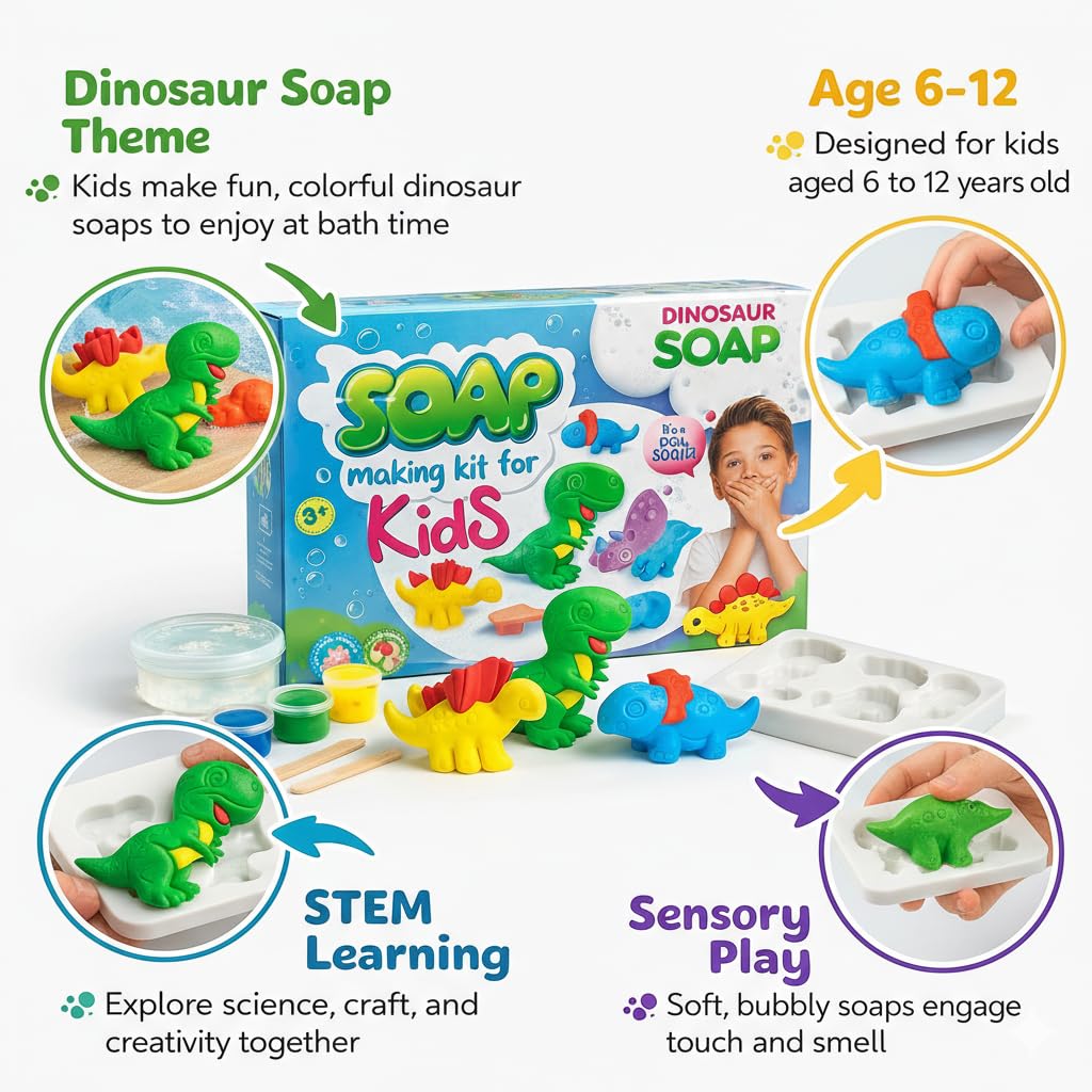 ZenseMe Soap Making Kit for Kids – DIY Soap Making Kit with Dinosaur Soap Moulds (3 Cute Dinosaurs) | Soap Making Supplies for Creative Play & Hygiene - DIY Kits for Kids with Mobile App