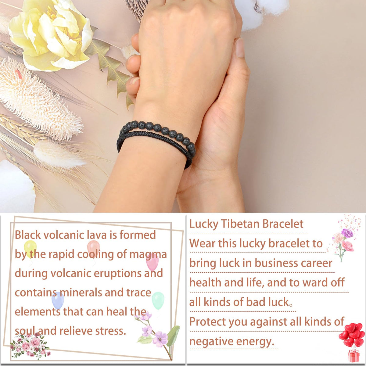 LPBeads 6mm Black Lava Bracelet with Handmade Rope Bracelet Size Adjustable Natural Stone Crystal Healing Bracelets Gifts for Unisex Adults