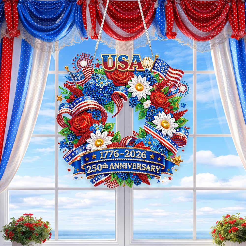 Eiflow 250th Anniversary Diamond Art Hanging Kit for Adults, DIY Diamonds Painting Door Hanger Board Kit, Special Acrylic Diamond Art Painting Pendant Ornament (4th of July Wreath)