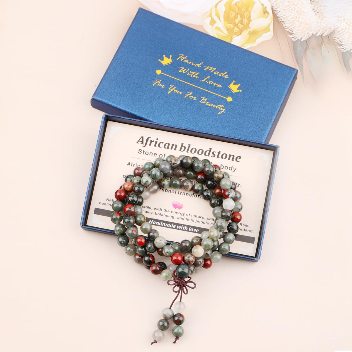 AD Beads 8mm 108 Prayer Mala African bloodstone Elastic Bracelet - Strengthen the body - Handmade Yoga Meditation Healing Power Energy Gifts for Unisex Adult.