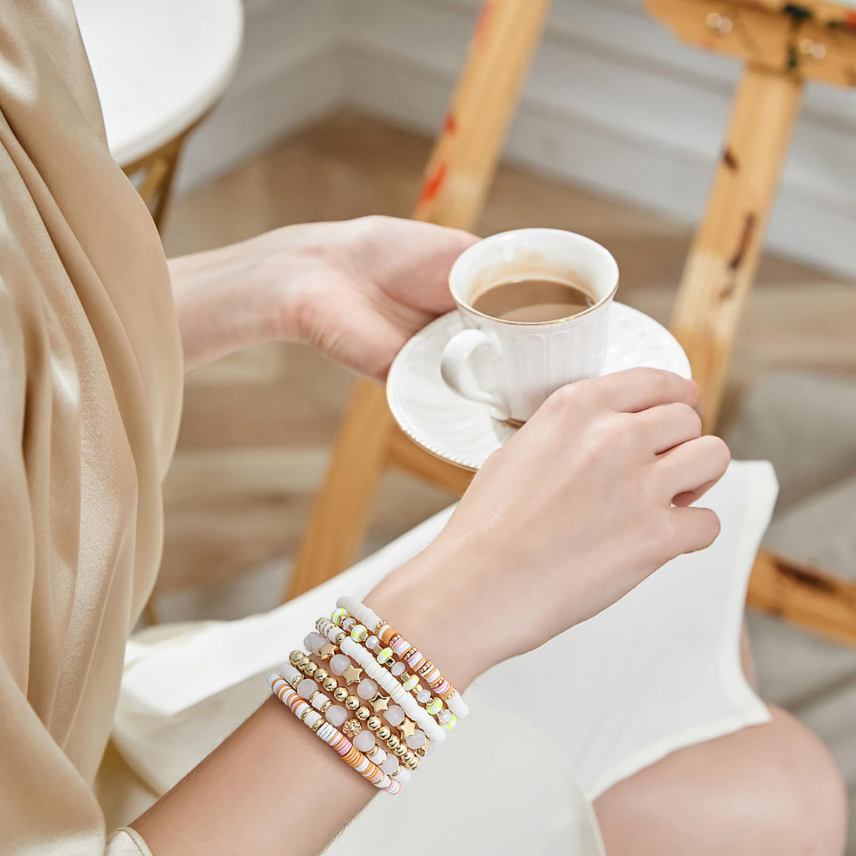 GOOJIDS Surfer Heishi Clay Bead Bracelets for Women Bohemian Stackable Gold Plated Beaded Stretch Bracelets Elastic Layering Friendship Bracelets Set Boho Jewelry