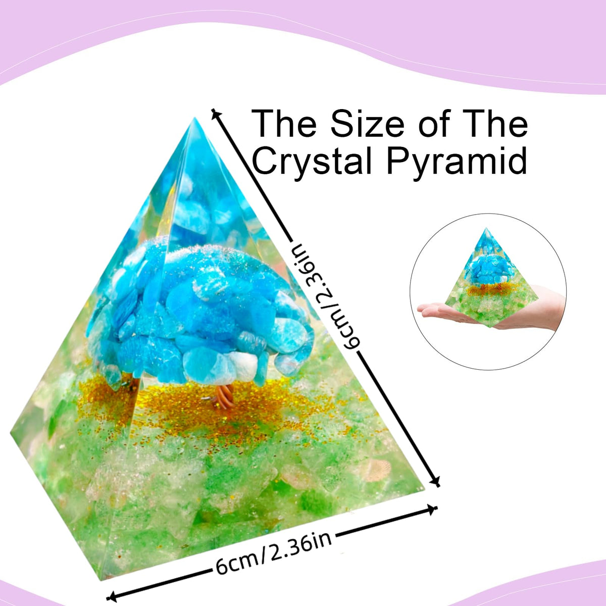 Saefheled Tree of Life Orgone Pyramid,Natural Green Strawberry&Apatite Orgonite Healing Crystals Pyramid,Crystal Stone Positive Reiki Energy Generator Collection Wealth Lucky Meditation Tool(6cm)
