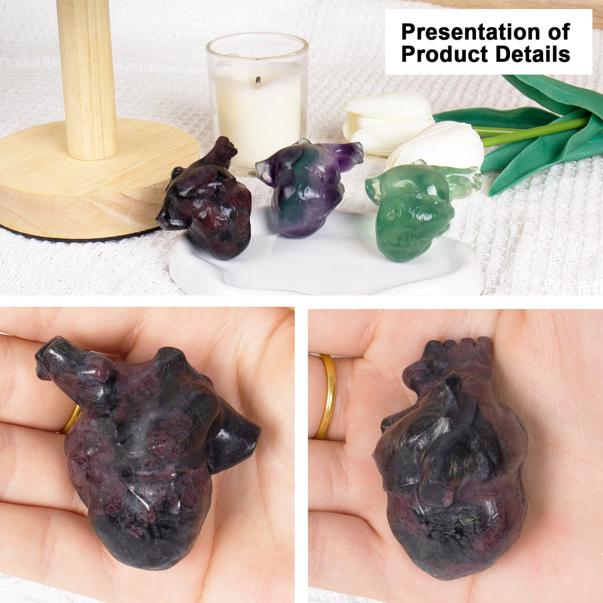 QLRSUXN Garnet Heart Crystal Figurines, 2.1 Inch Crystal Heart Love Statue for Home Decor, Meditation and Stress Relief, Hand Carved Natural Healing Stone Cardiac Sculpture Spiritual Gift for Women