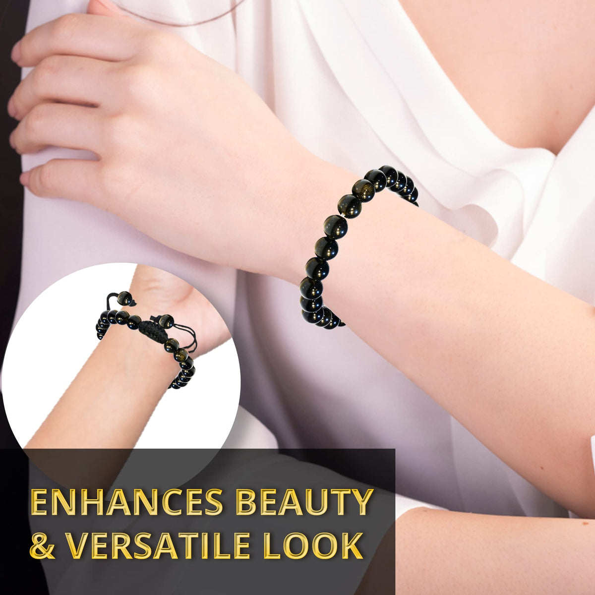 ANAYA AGATE Healing Crystal Bracelet – Chic Gemstone Bracelet for Men and Women – 8mm Round Bead Bracelets for Spiritual Healing, Protection, Positive Energy - Black Obsidian