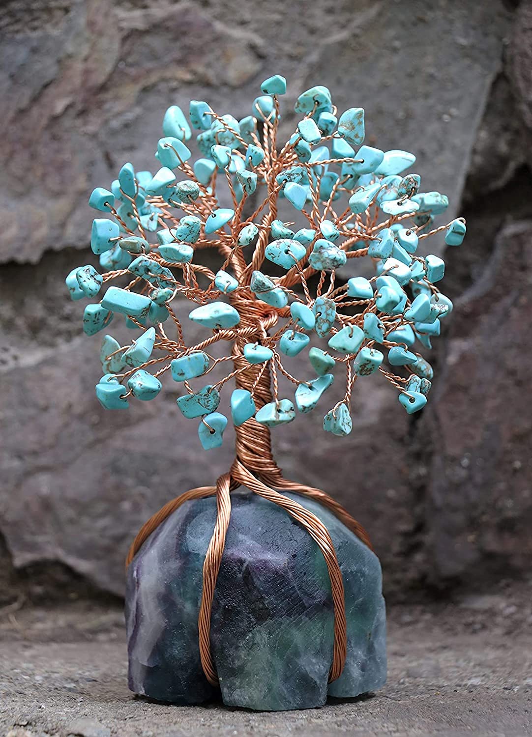 Crocon Howlite Green Turquoise Gemstone Money Tree with Fluorite Rough Wire Wrapped Base | Feng Shui Bonsai | Ornament Figurine | Chakra Balancing | Reiki Crystal Healing | Spiritual | Decor Size 5-6"