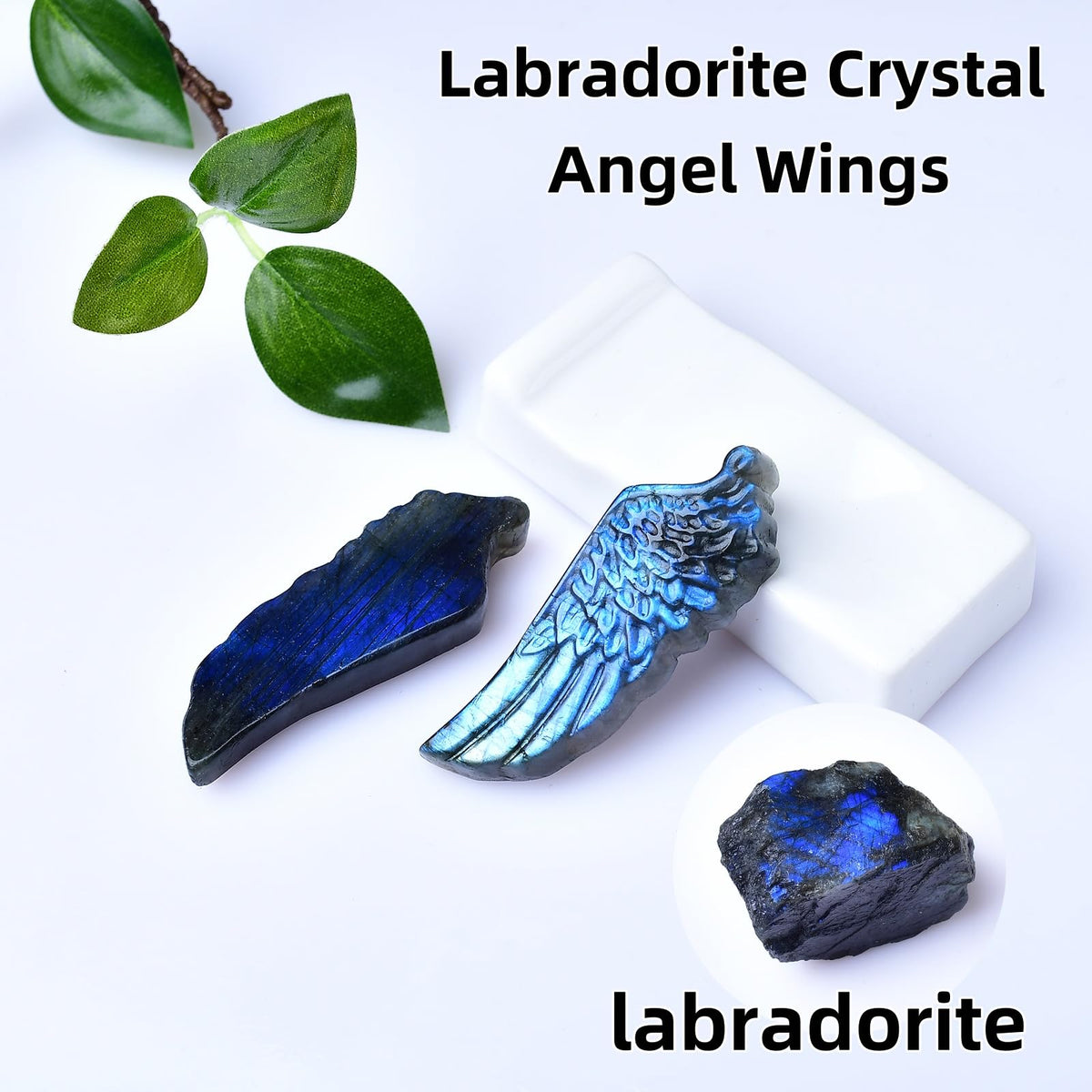 WUYOUSHI Natural Labradorite Crystal Angel Wings Statue 2.36" Carved Healing Crystal Gemstone Carving Stone Festive Day Decoration Reiki Energy Meditation Healing Home Ornament DIY