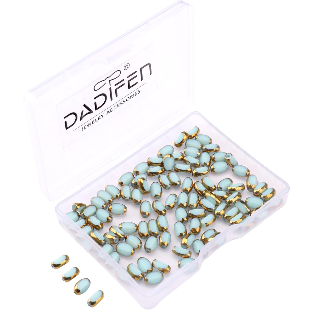 DADIFEN Glass Rice Beads Peacock Green 4x6mm 50pcs Faceted Oval Golden Edge Crystal Loose Beads for DIY Craft Jewelry Making
