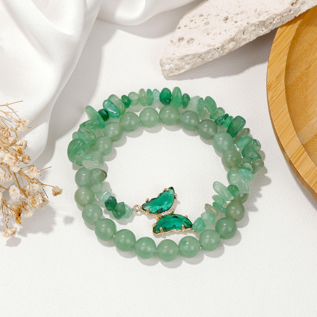 GolbalJew Green Aventurine Bracelet for Women Healing Crystal Stone Bracelets Green Beads Stretch Bracelet Butterfly Charms Jewelry Women Gift