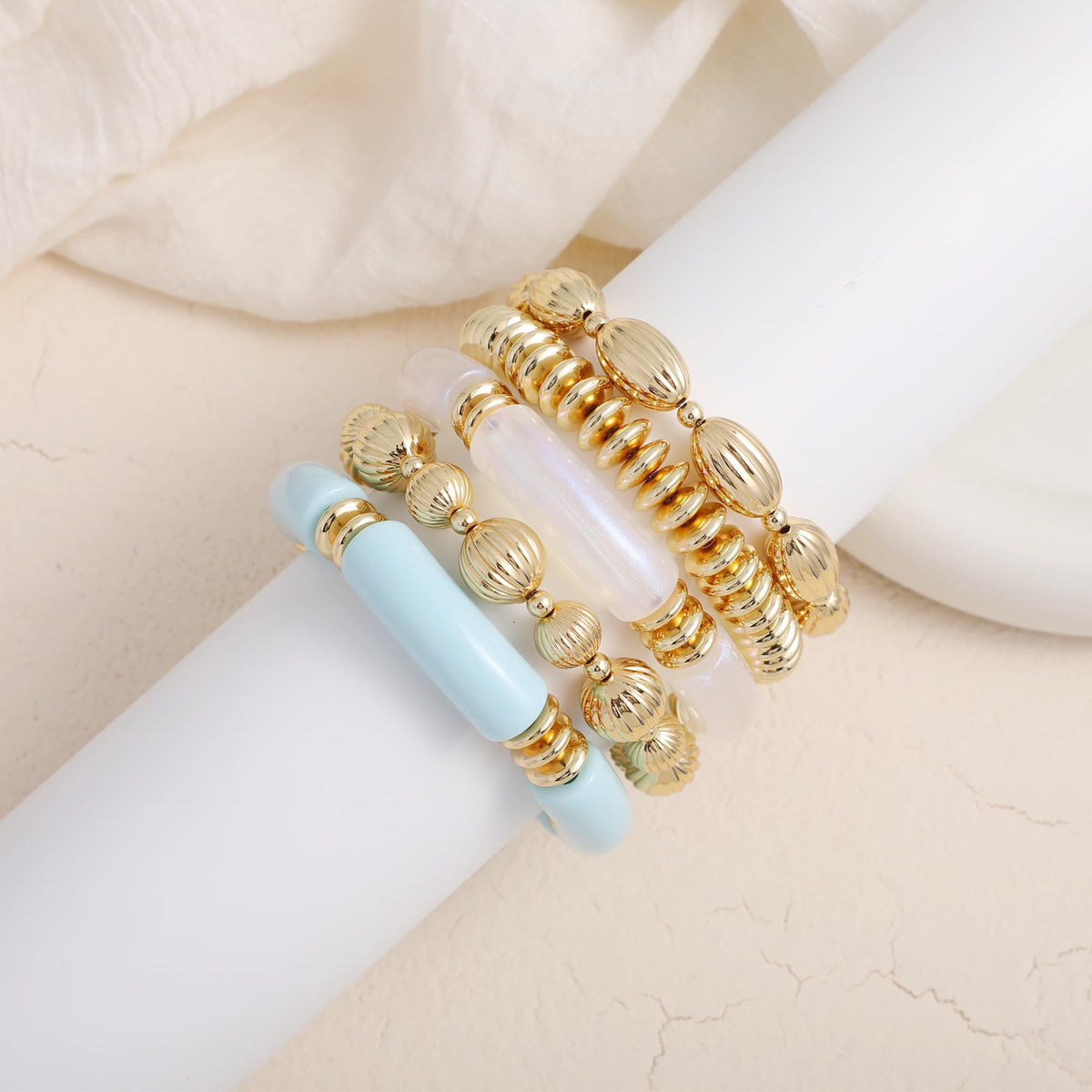 RISHEGAE Chunky Bangle Bracelets for Women Stackable Resin Bamboo Tube Bracelet Stretch Gold Beaded Bracelets Summer Beach Surfer Bracelets Gift Jewelry