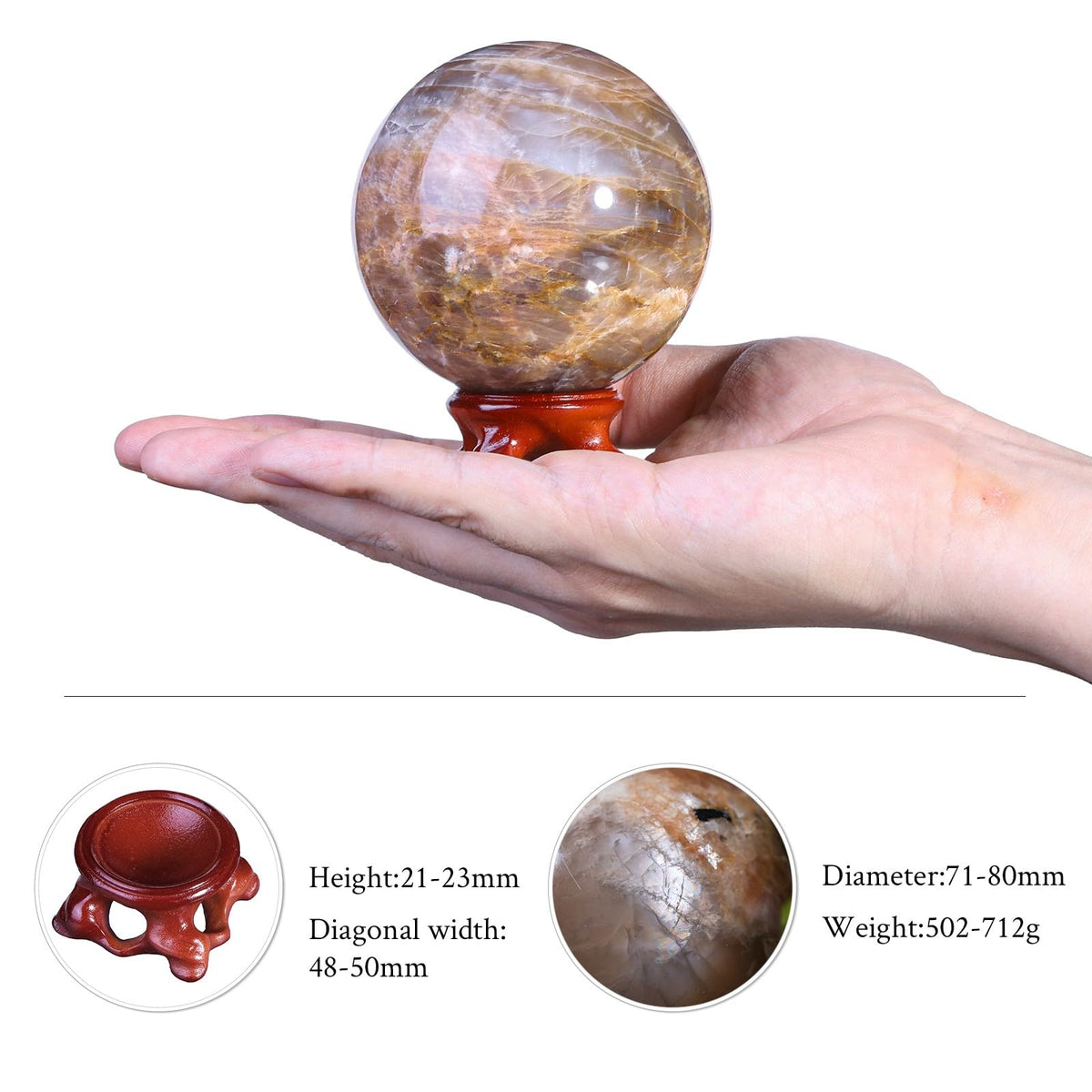 TUMBEELLUWA Orange Moonstone Crystal Ball with Stand for Fortune Teller Witchcraft Divination, Decorative Gemstone Sphere for Home Decor, 71-80 mm