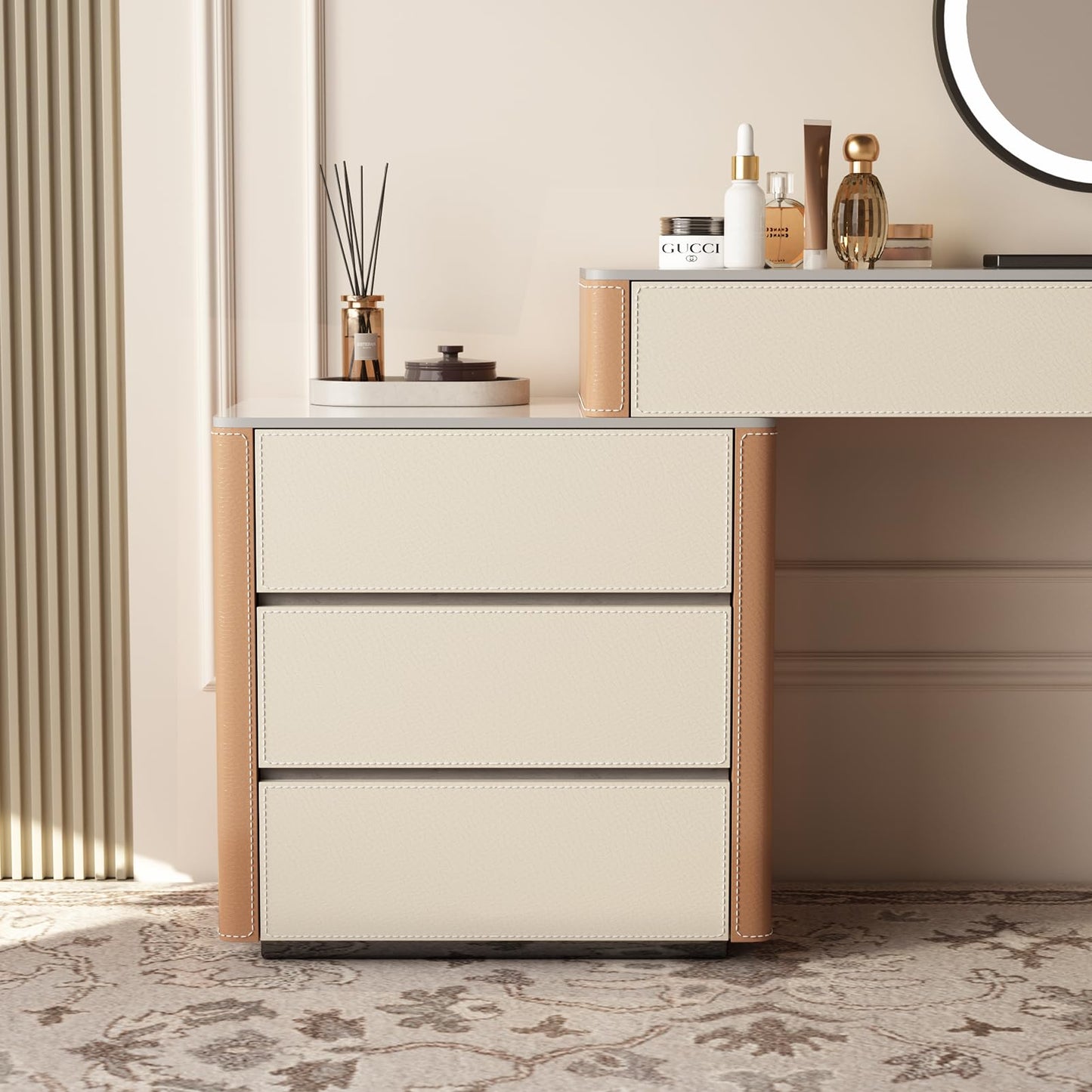 Lartis Faux Leather Makeup Vanity Desk Set with LED Lighted Mirror Luxury Dressing Makeup Table with Storage Drawers & Vanity Stool, Vanities (Brown/Gray)