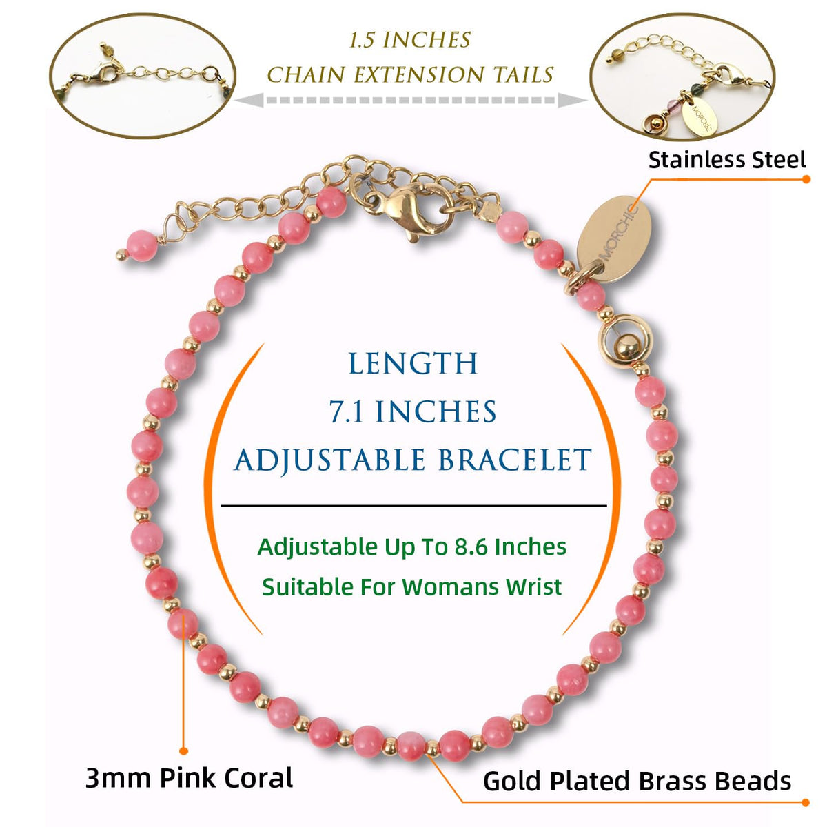 Morchic 3mm Pink Coral Natural Gemstone Beaded Bracelet for Women, Dainty Tiny Charm Jewelry, Adjustable 7.1-8.6", Ideal Birthday Holiday Gift