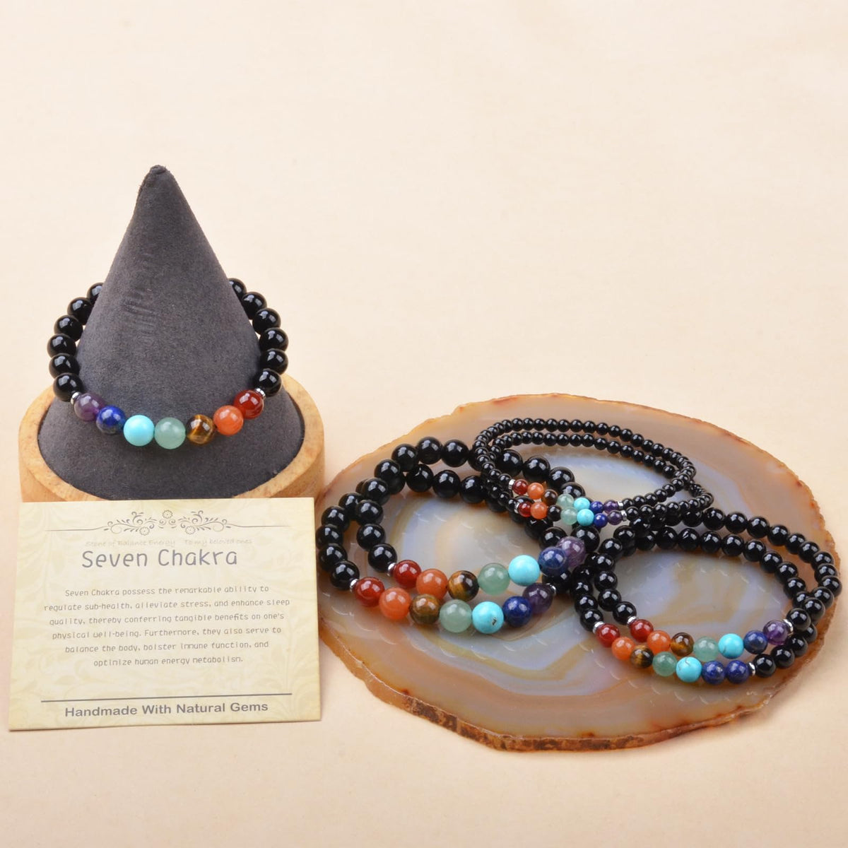 CHCCOYE 6mm Natural Healing Gemstone Bracelet Handmade Yoga Stretch Elastic Bracelet Stress Relief Crystal Jewelry for Men and Women (6mm, Seven Chakra Stones)