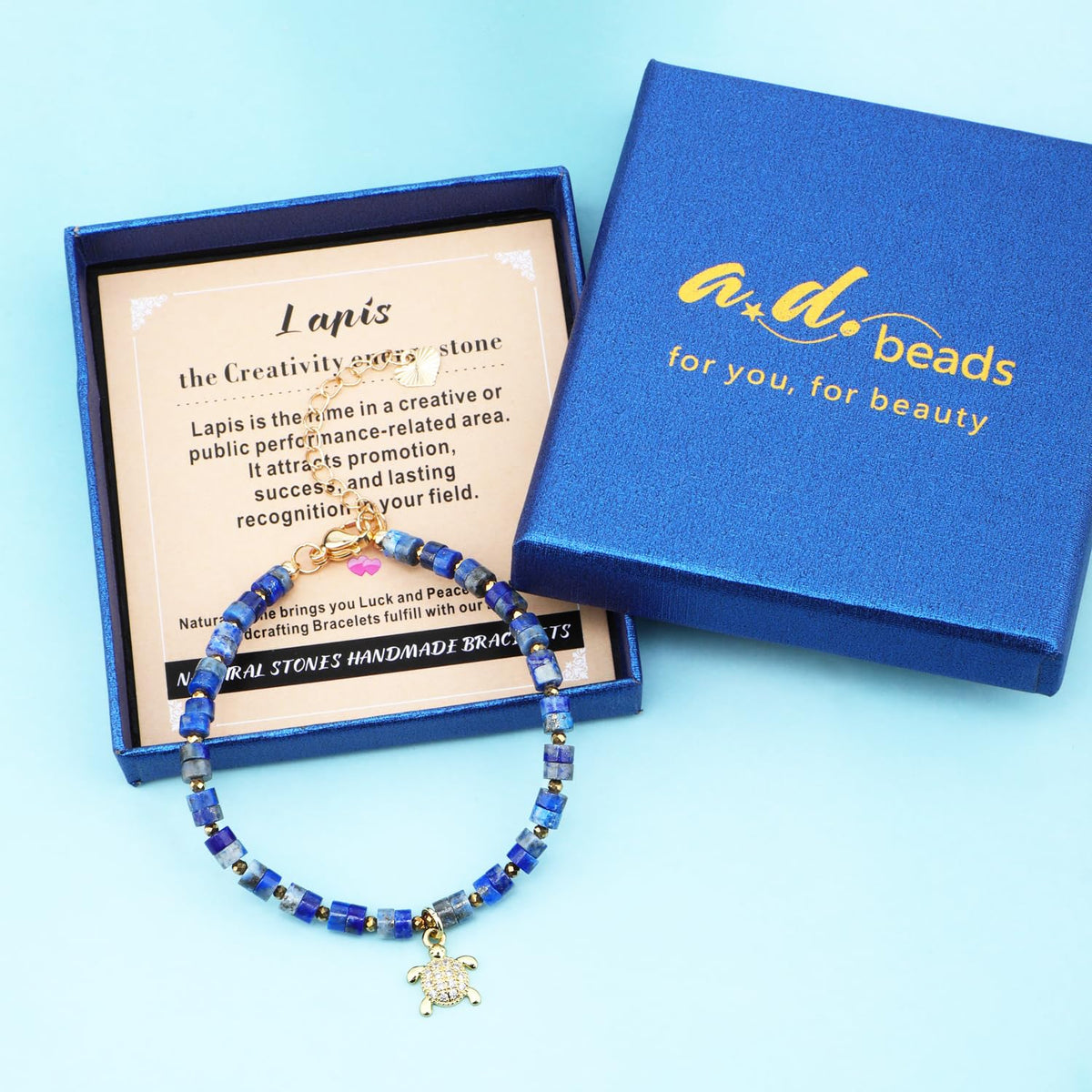 Natural Gemstone Healing Crystal Lapis Dainty Charms Turtle Bracelet Adjustable Chain Extender Minimalist Jewelry
