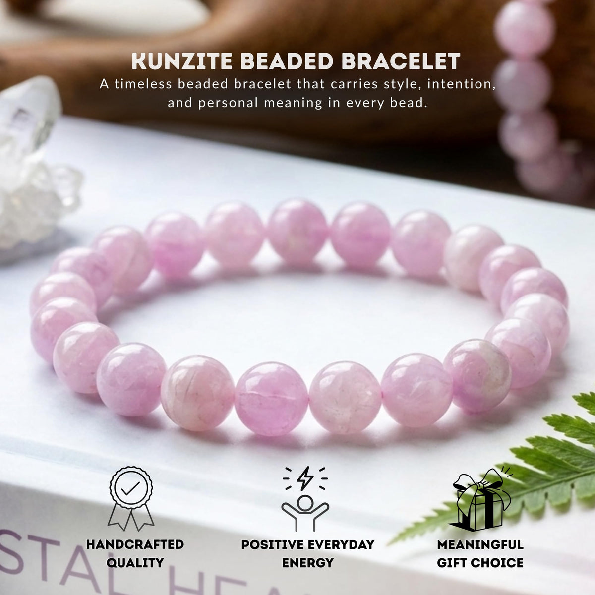 Cherry Tree Collection Kunzite Beaded Bracelet – Genuine 8mm Gemstone Stretch Bracelet for Men & Women – Handmade Crystal Bracelet - (Kunzite - M)
