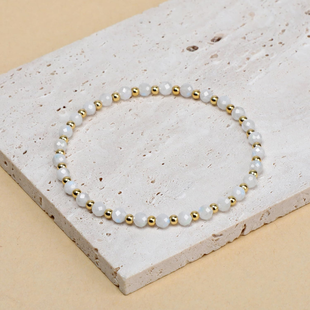 QOGIR Moonstone - New Beginnings - 14K Gold Plated Beads Natural Gemstone Stretch Elastic Dainty Healing Beaded Bracelets Gifts 4mm