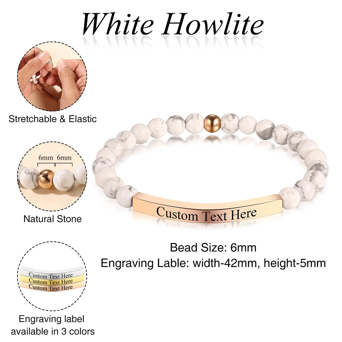 INBLUE Personalized Beaded Bracelets for Women with Engraved Name Natural Stone Stretch Inspirational Bracelet Personalized Jewelry Gift for Mom Wife Friends - Style 06