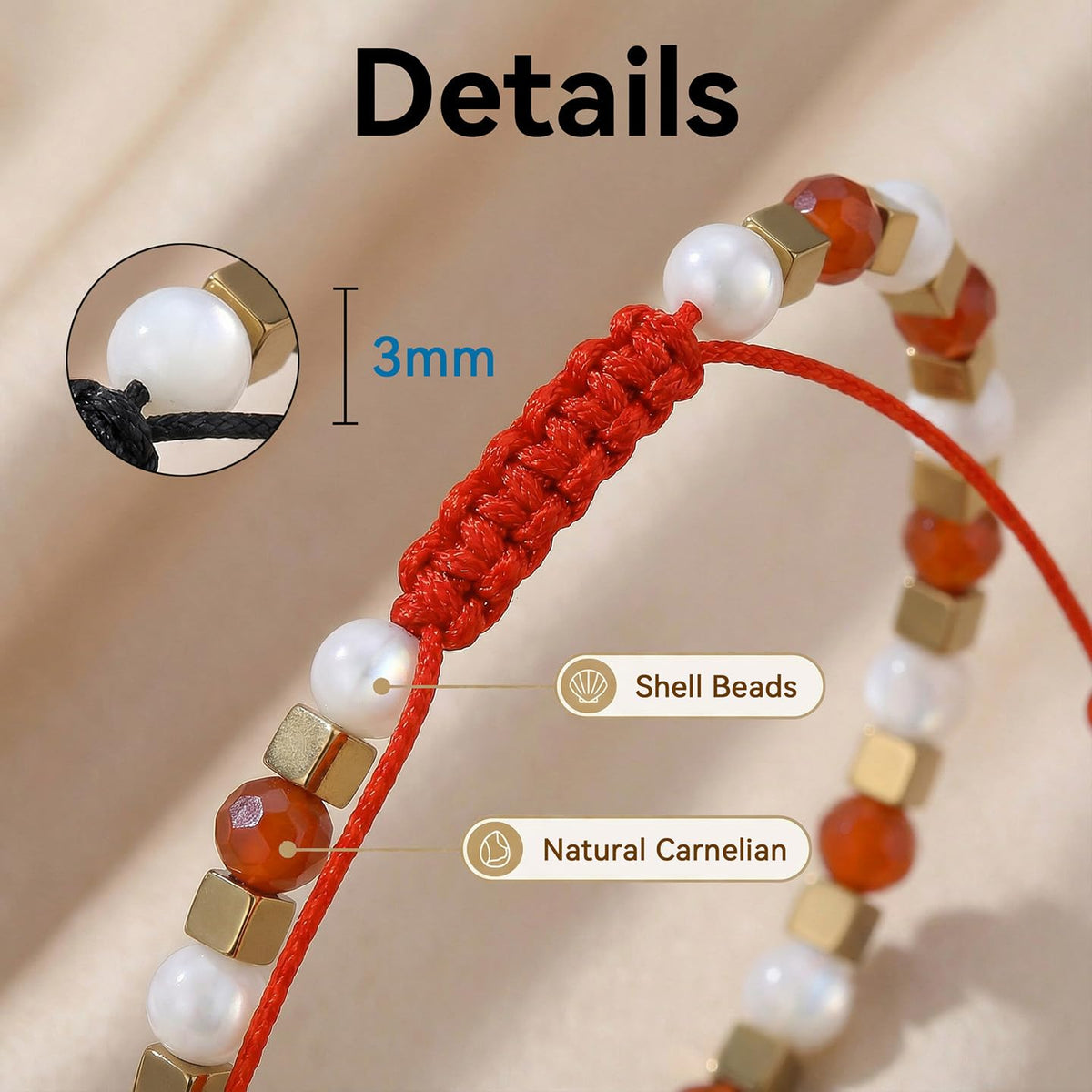 BEADSENER Red Carnelian Adjustable Charming Bracelet for Women, 3mm Natural Shell Gemstone Hematite Stone Beads, Pull String Slider Metal Free Design Waterproof, Gift for Her Daily Wear