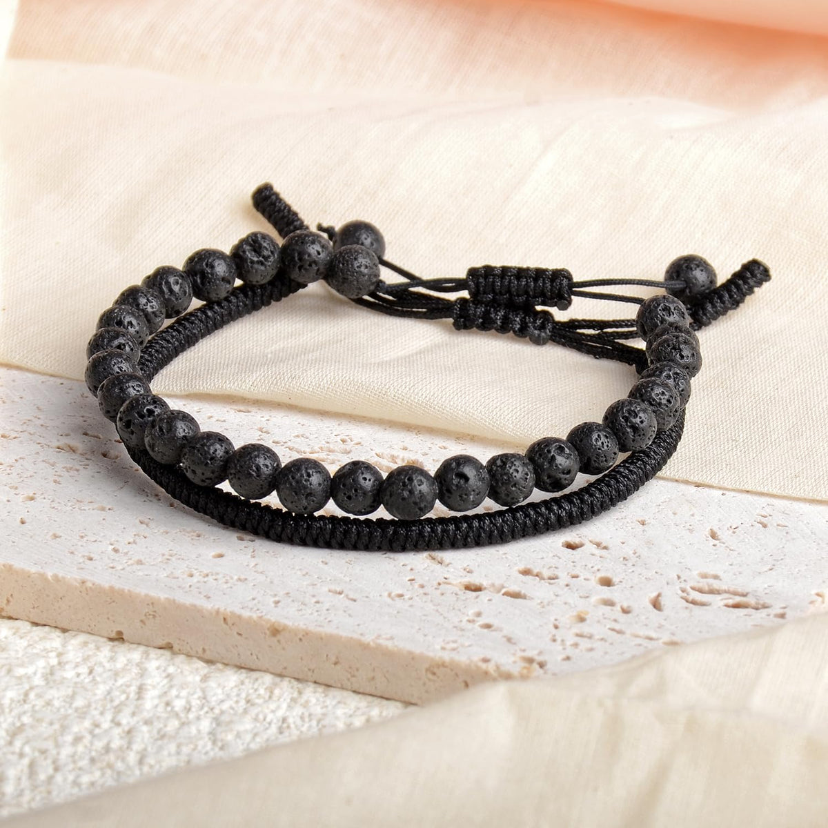 LPBeads 6mm Black Lava Bracelet with Handmade Rope Bracelet Size Adjustable Natural Stone Crystal Healing Bracelets Gifts for Unisex Adults