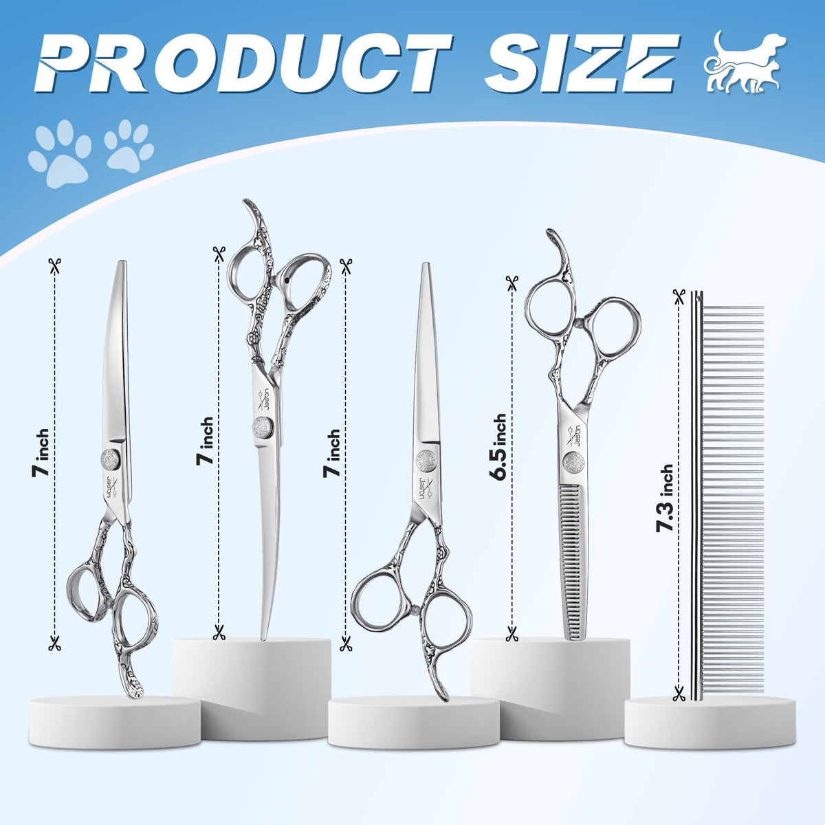 JASON Dog Grooming Scissors Kit, Professional 6 in 1 Dog Scissors Set - 6.5" Thinning, 7" Straight, 7" Up-Curved, 7" Down-curved Shears and Comb for Dog Cat Pet (Silver) Christmas Gift