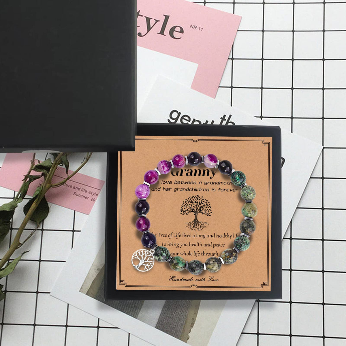 Mother's Day Gifts Tree of Life Charm Bracelet for Granny 8mm Natural Healing Crystals Beads Stretch Bracelet Mom Birthday Gifts