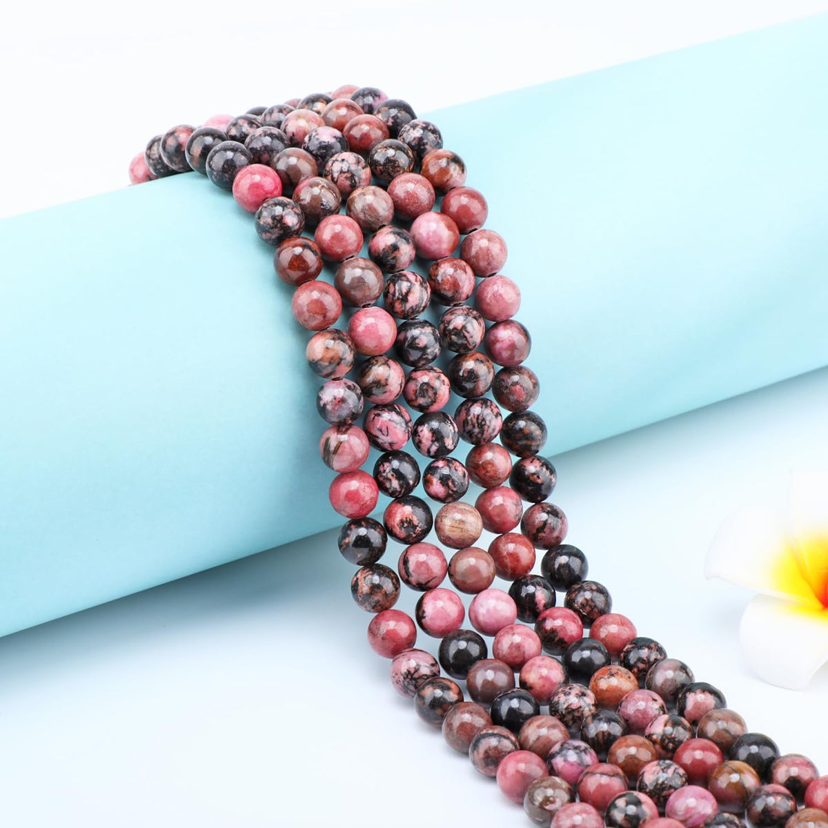 CMBYN Natural Stone Beads Round Genuine Real Stone Beading Strand Loose Gemstones DIY Smooth Bead for Bracelet Necklace Earrings Jewelry Making (Pink Black Rhodonite, 8mm 45 Pieces)