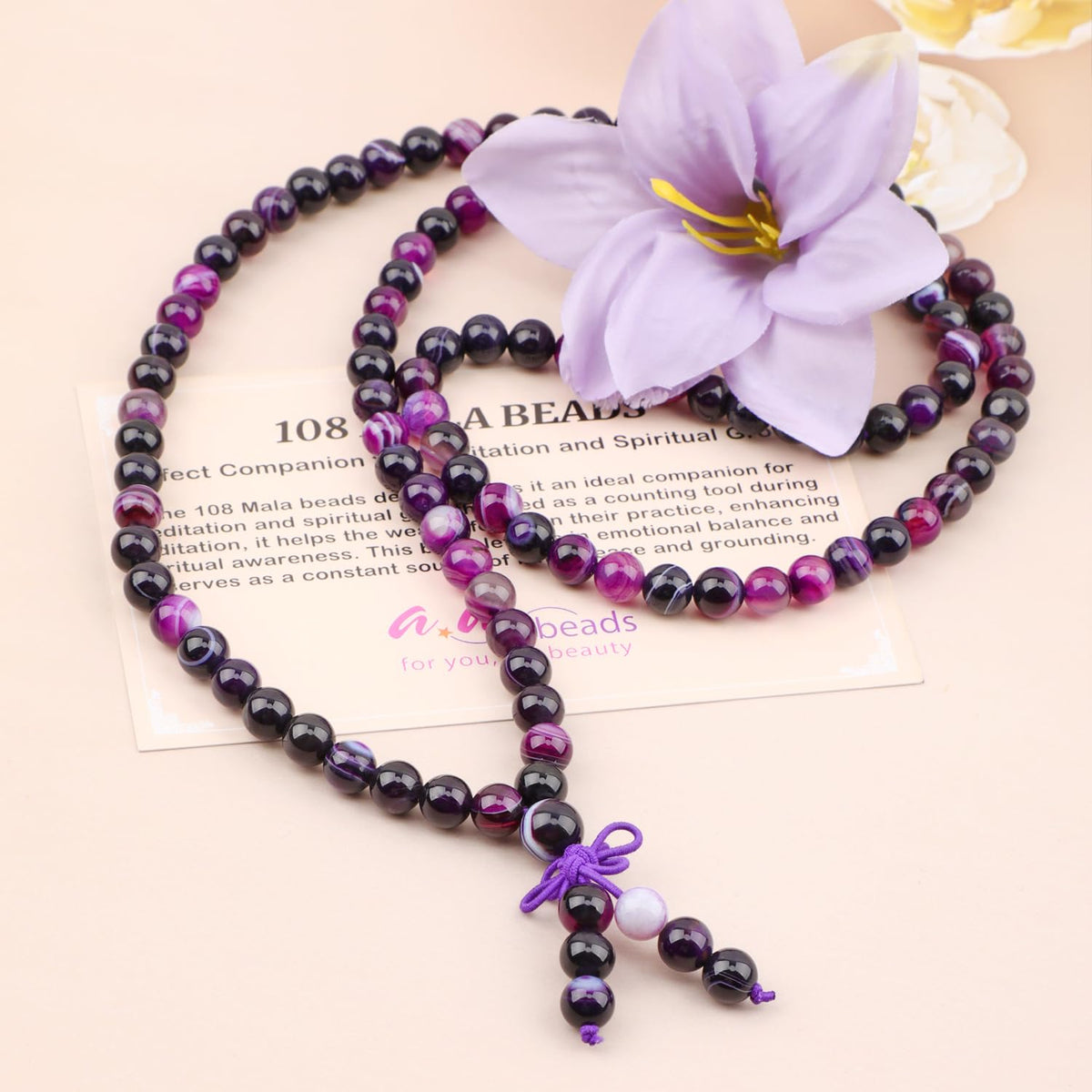 AD Beads 8mm 108 Prayer Mala Purple Stripe Agate Elastic Bracelet - Peace and Tranquility - Handmade Yoga Meditation Healing Power Energy Gifts for Unisex Adult.