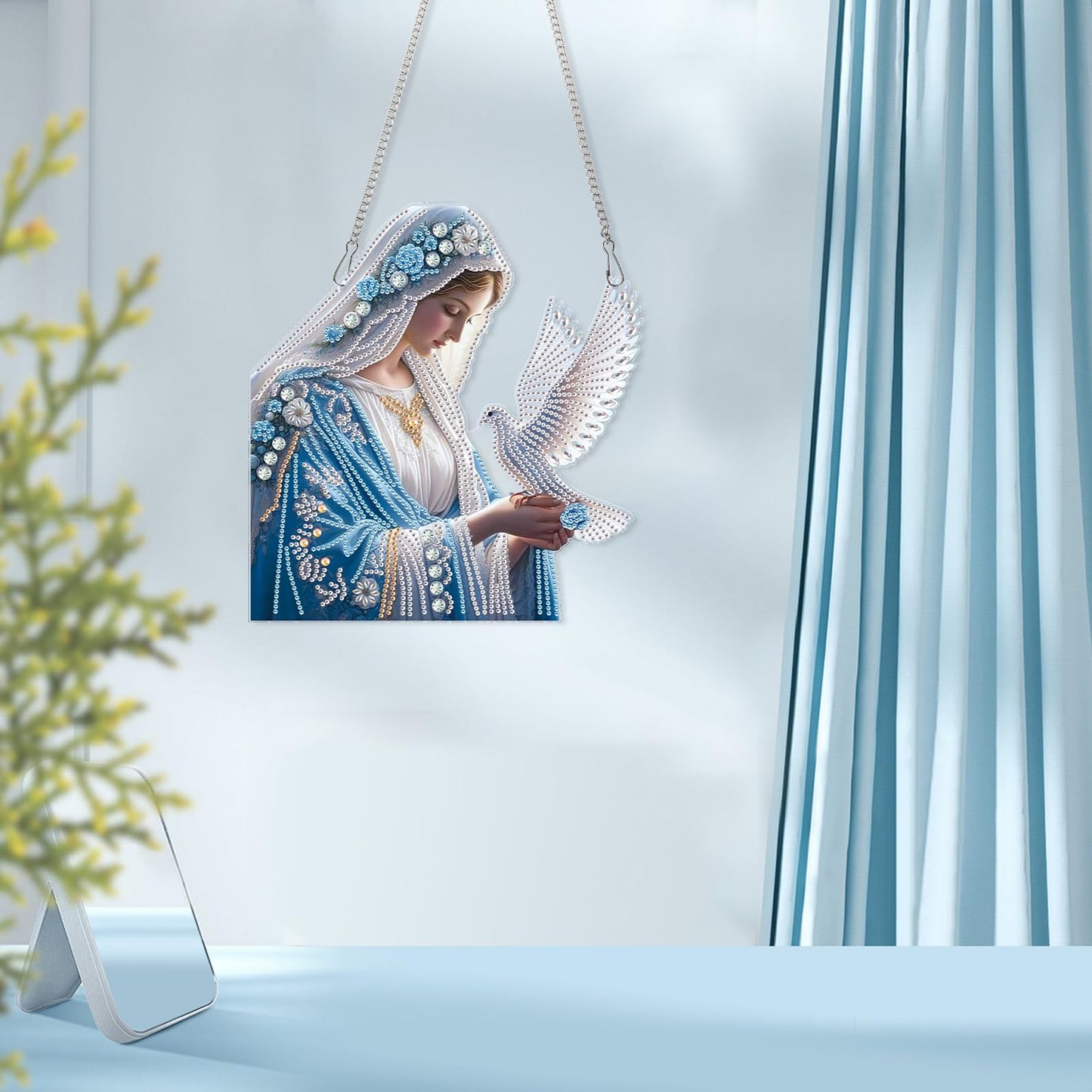 AiYuanzsh Diamond Art Hanging Kit Virgin Mary with Dove, Religious Special Shaped Diamond Painting Suncatcher Ornament for Adults DIY Spiritual Wall Window Pendant Decor