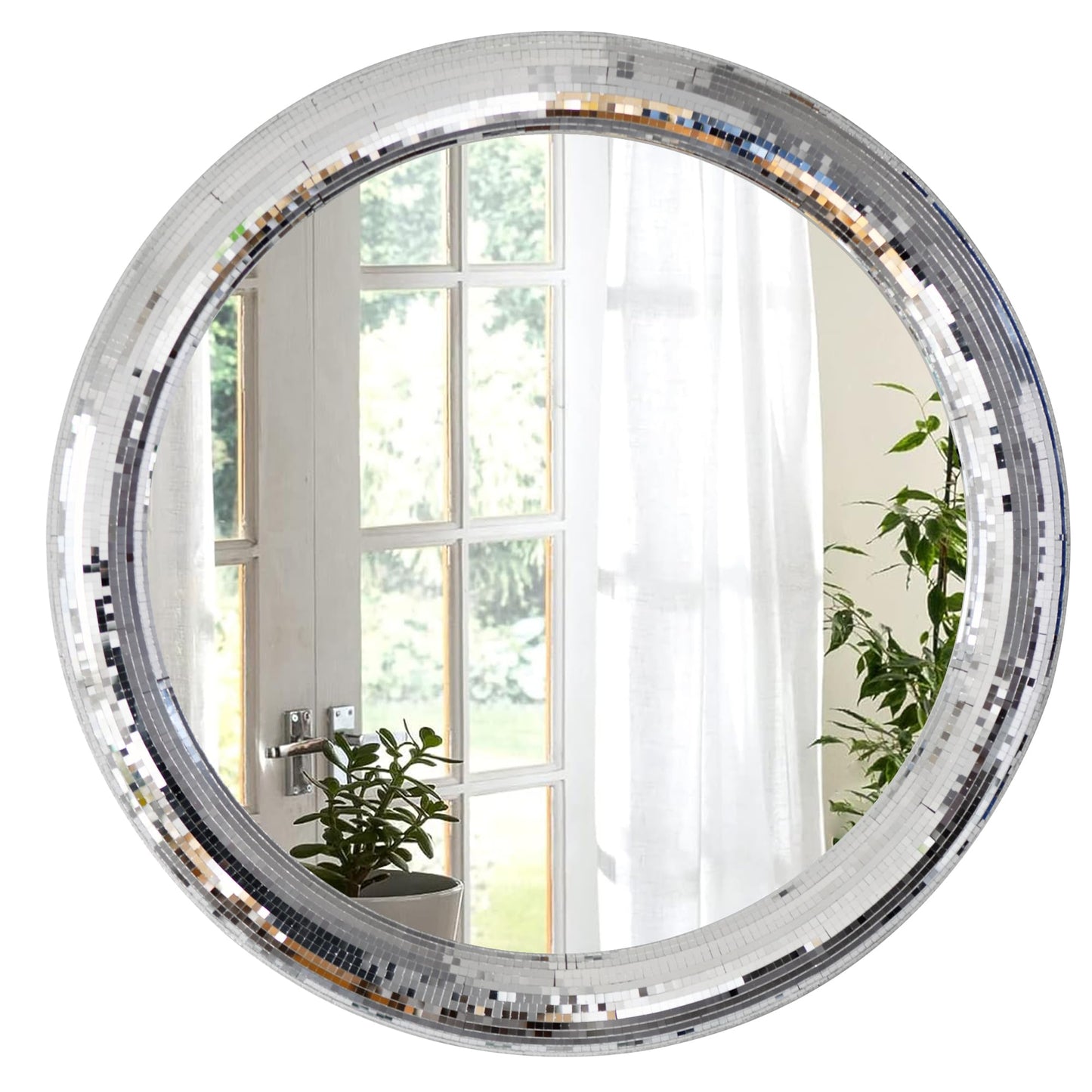 LuHeToz 23.6inch Round Decorative Wall Mirror with Mosaic Glass Frame, Silver Bathroom Vanity Mirror
