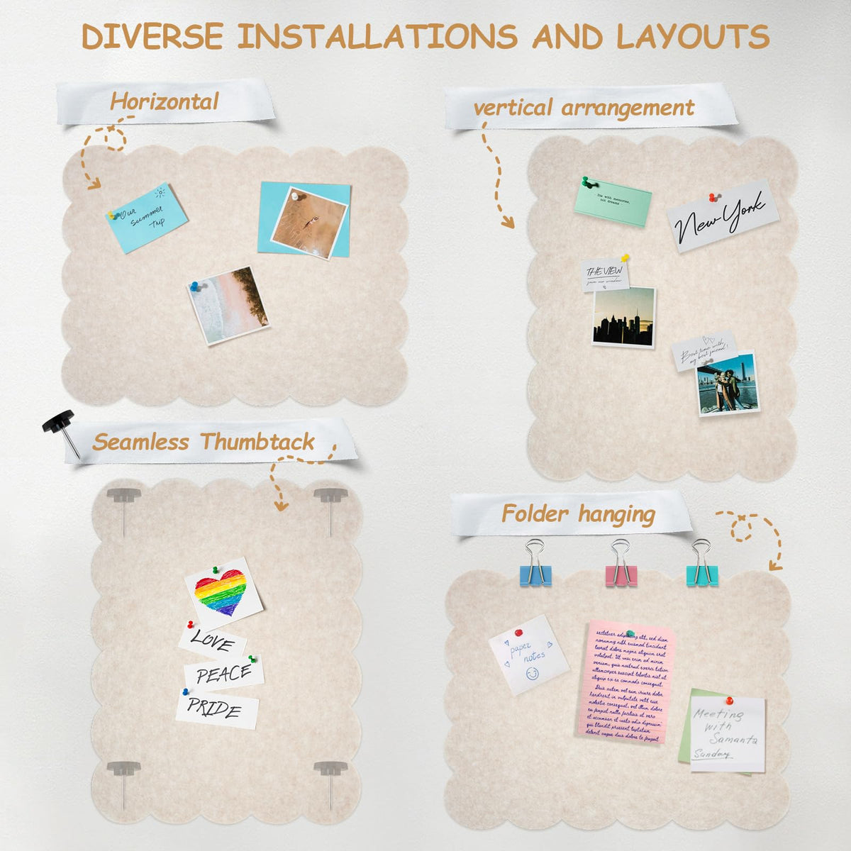 Felt Bulletin Board 24" x 18" Cork Board Alternative,Decorative Felt Pin Board Foldable Cork Boards for Walls Self-Adhesive Cork Board for Home Office Classroom Pin Board (Oatmeal)