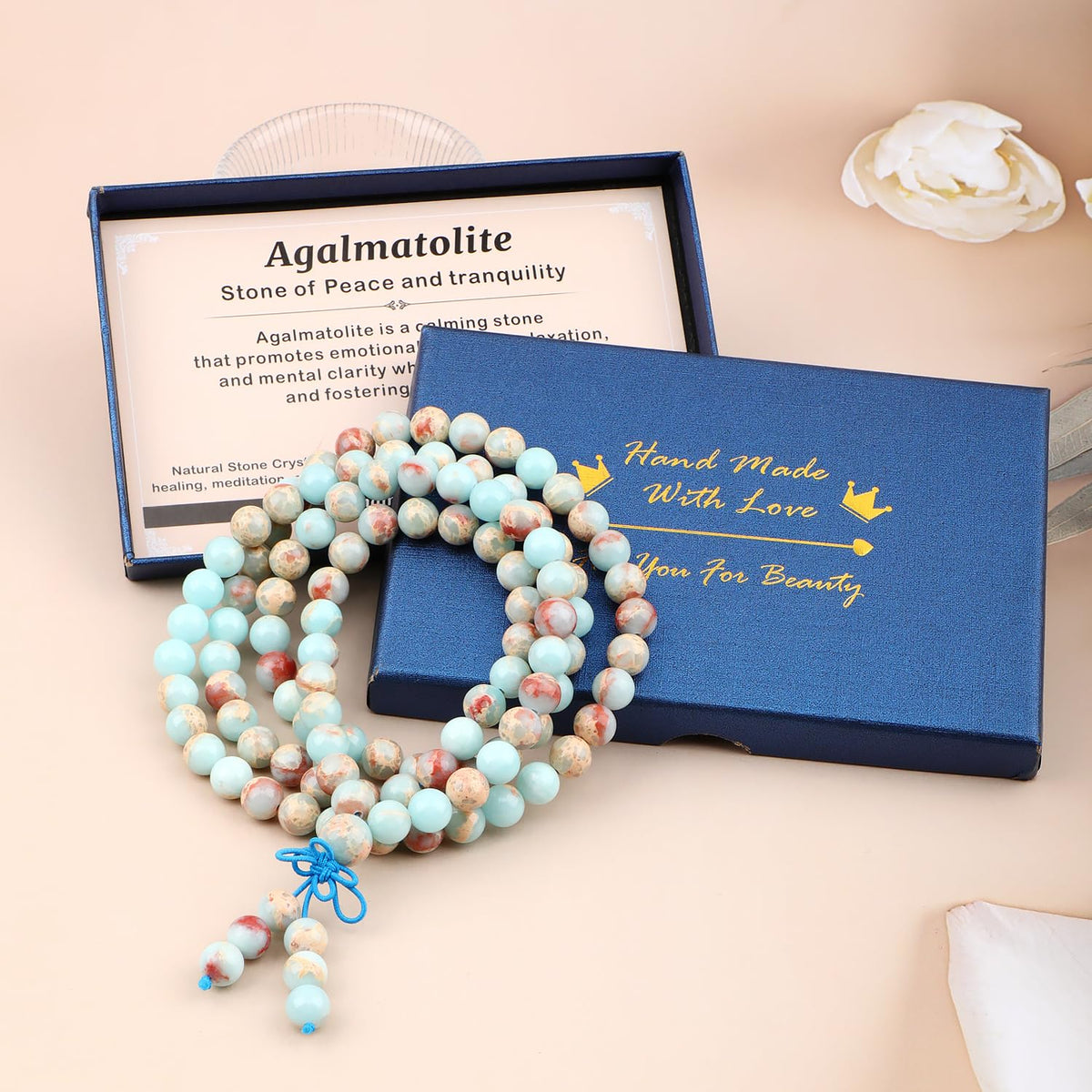 AD Beads 8mm 108 Prayer Mala Amazonite Elastic Bracelet - Unlock Your True Self - Handmade Yoga Meditation Healing Power Energy Gifts for Unisex Adult.