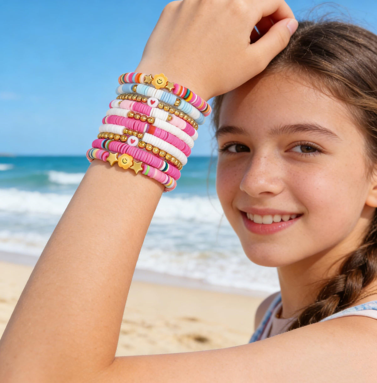 YEOSMINE Boho Heishi Clay Beaded Stretch Bracelets Stack For Women, Preppy Teens Friendship Gold Bracelets Cute Beach Surfer Accessories Bulk Set Trendy Fashion Jewelry