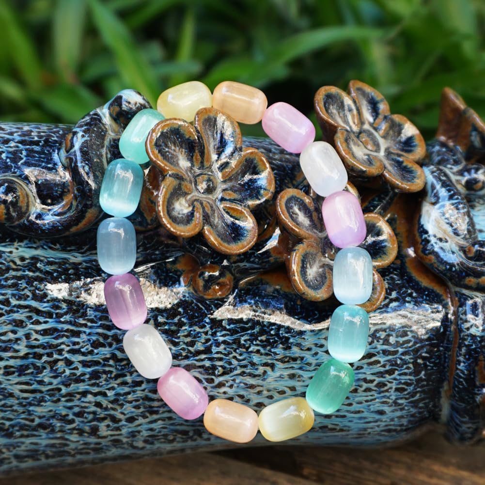TaHLga Natural Rainbow Selenite Crystal Bracelet for Women Men | Large Plated 8x12mm Cylinder Beads | Authentic Stone with Leather Pouch, Gift Box & Repair Kit | Fits 7.5 inch Wrist