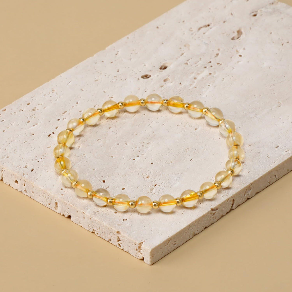 QOGIR Citrine - Stone of Wealth - 14K Gold Plated Beads Natural Gemstone Stretch Elastic Dainty Healing Beaded Bracelets Gifts 6mm