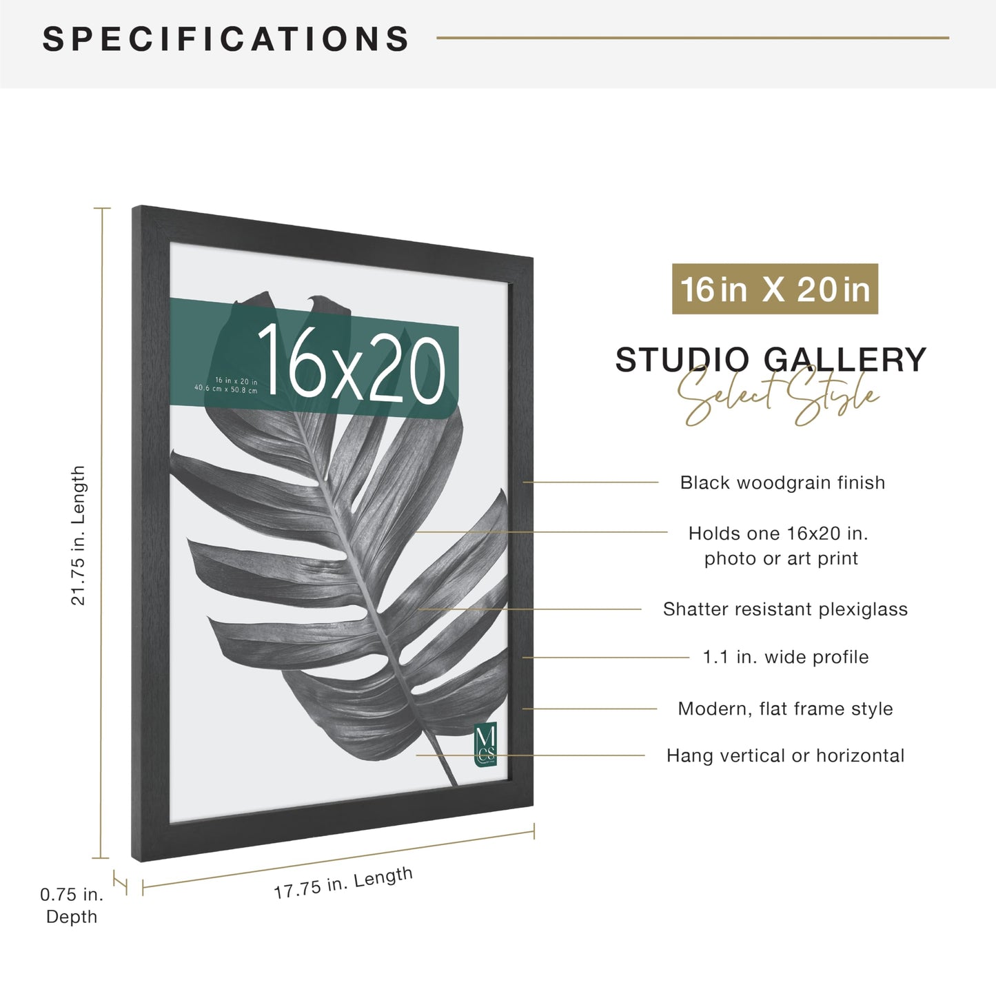 MCS Studio Gallery 16x20 Poster Frame Black Woodgrain Engineered Wood, Vertical & Horizontal Wall Hanging Large Picture Frame for Photos, Posters & Art Prints (1-Pack)