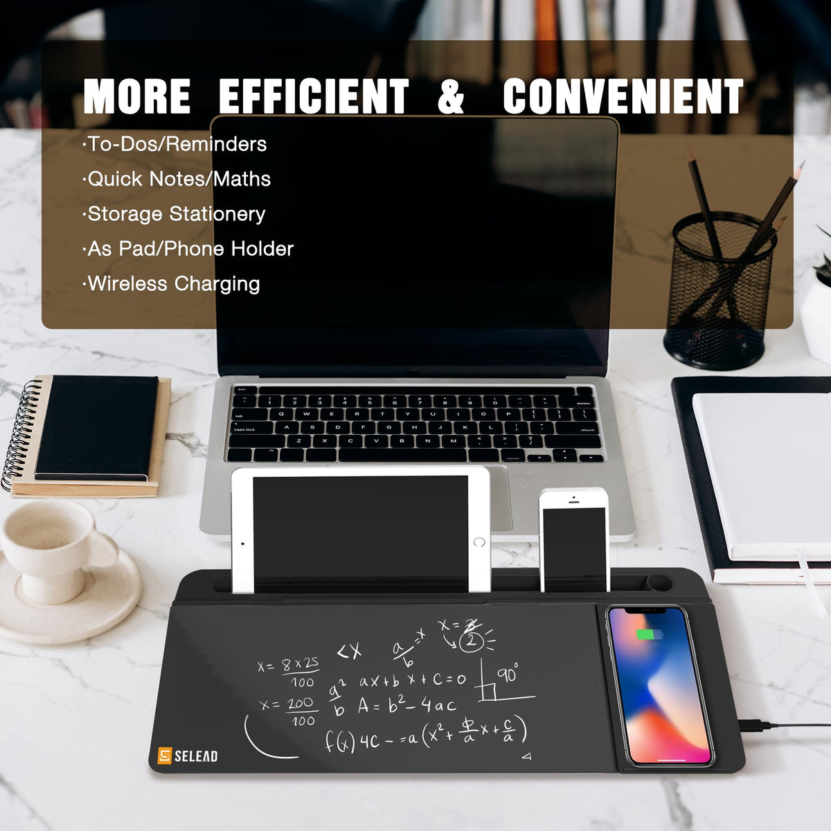 SELEAD Desktop Glass Whiteboard with Wireless Charger Station, Dry Erase Board Computer Pad Keyboard Stand with Organizer for Home, School, Office Desk Accessories, Black
