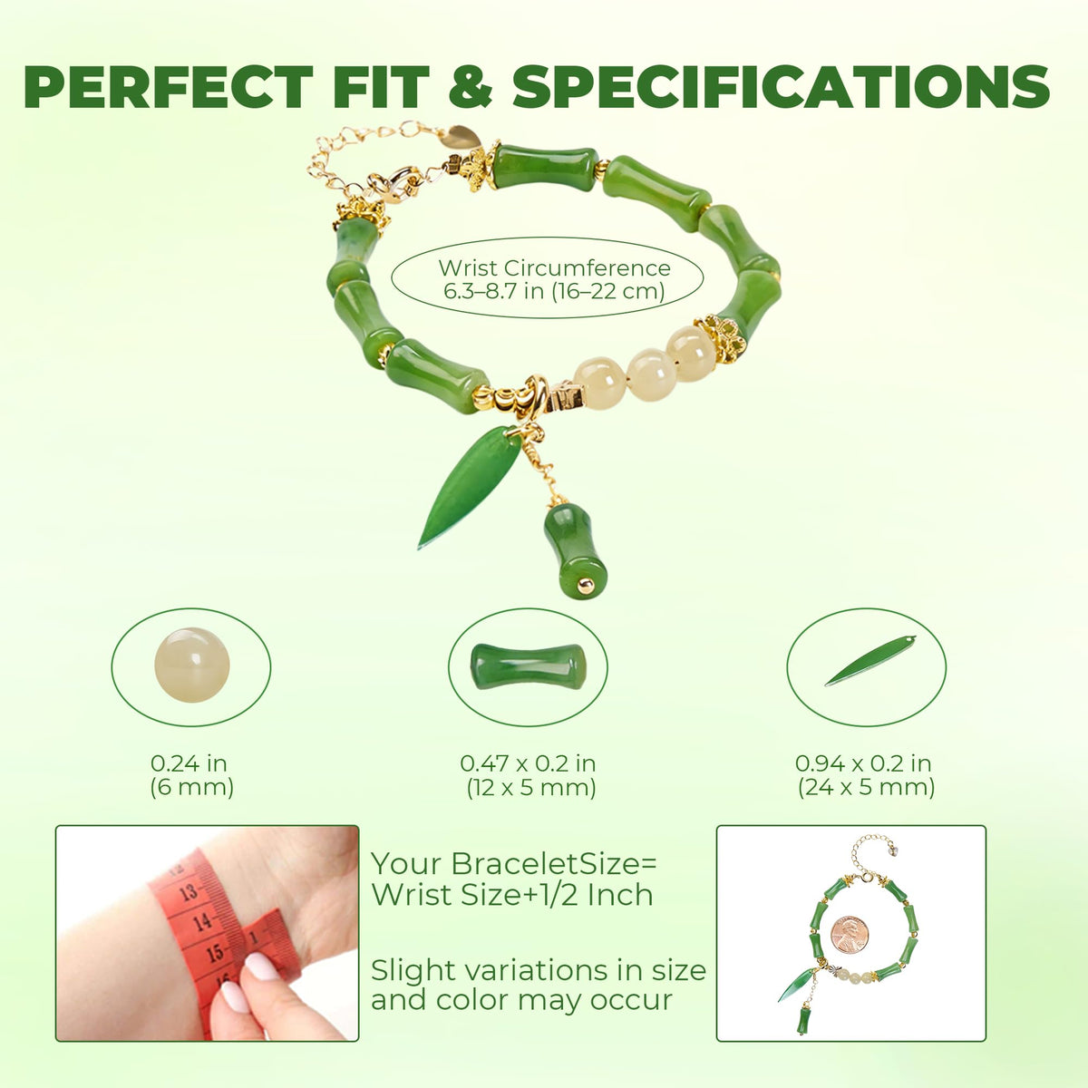 Natural Jade Beaded Bracelet for Women, Handmade Green Gemstone Adjustable Bracelet with Bamboo Leaf Charm, Minimalist Lucky Jade Jewelry, Handmade Wrist Bracelet Gift for Her, Includes Gift Box