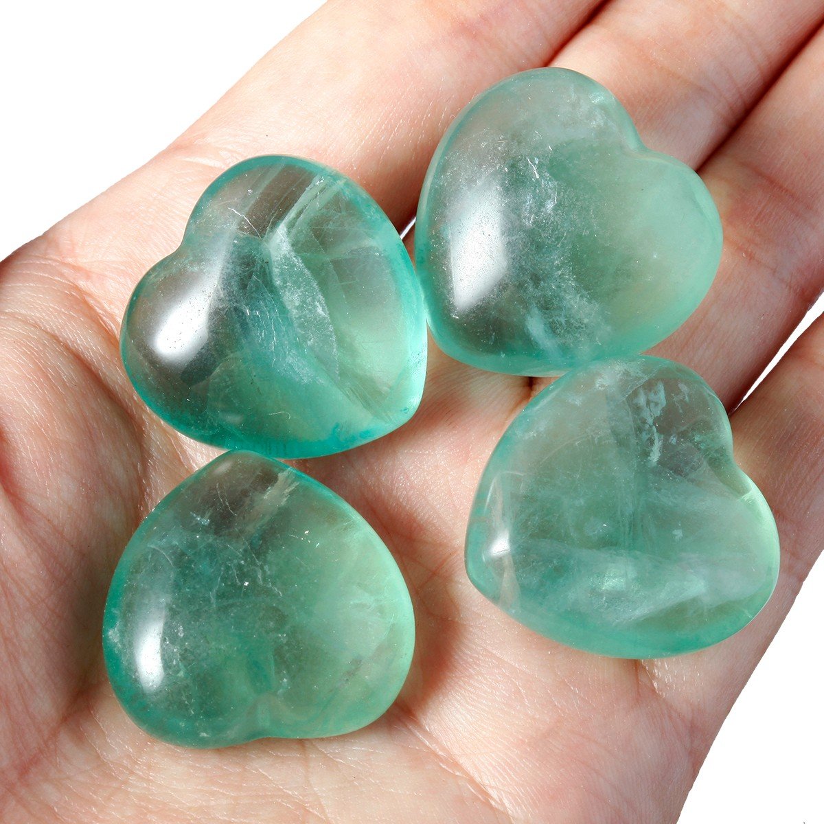 rockcloud Healing Crystal 0.8 inch Green Fluorite Heart Love Carved Palm Worry Stone Chakra Reiki Balancing Mini Size(Pack of 4)