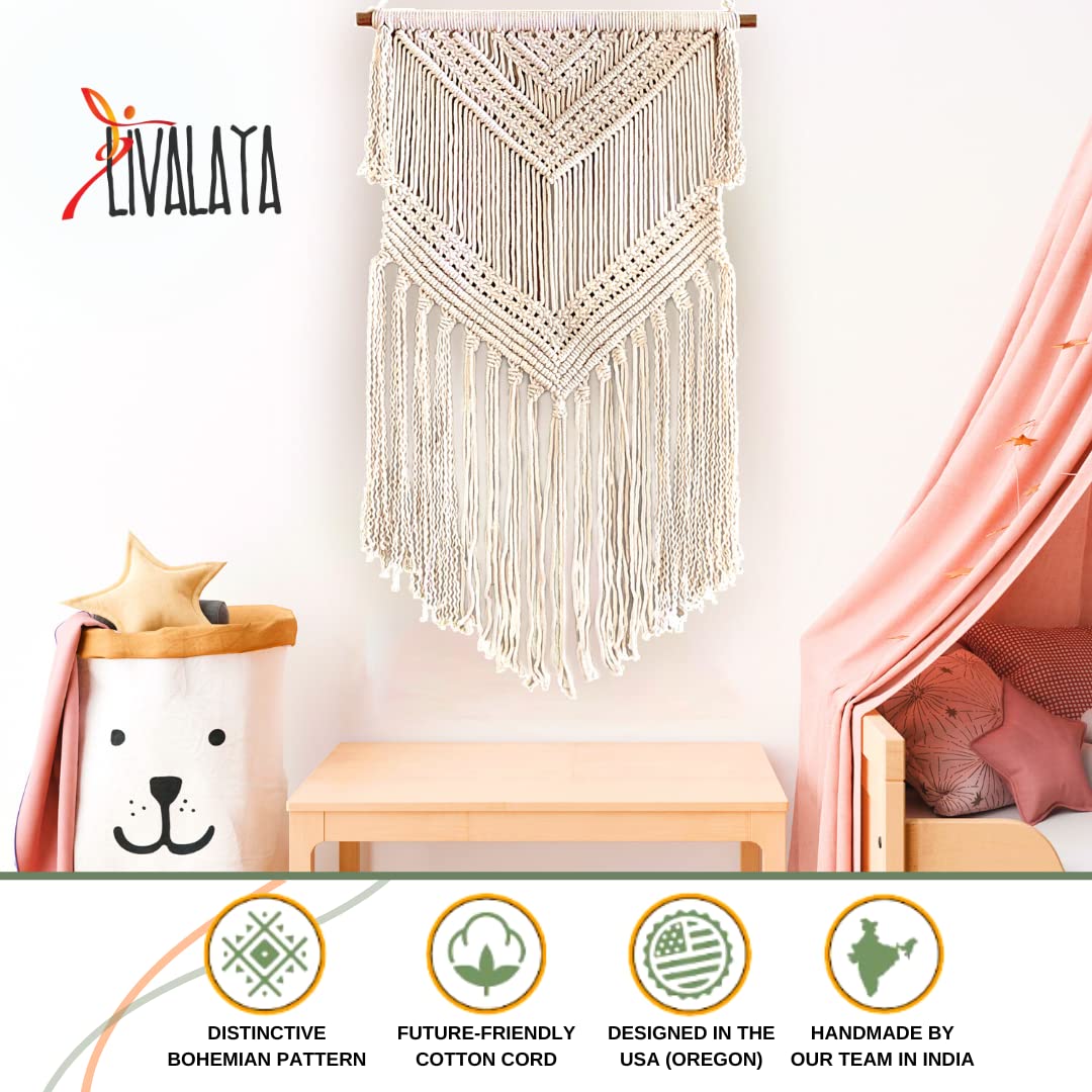 Livalaya Boho Macrame Woven Wall Hanging Beige 16 in x 36 in Modern Bohemian Tapestry wall Art Decor for House, Apartment, Dorm, Bedroom, Nursery, Party Decorations, Wedding, Wall Ornament
