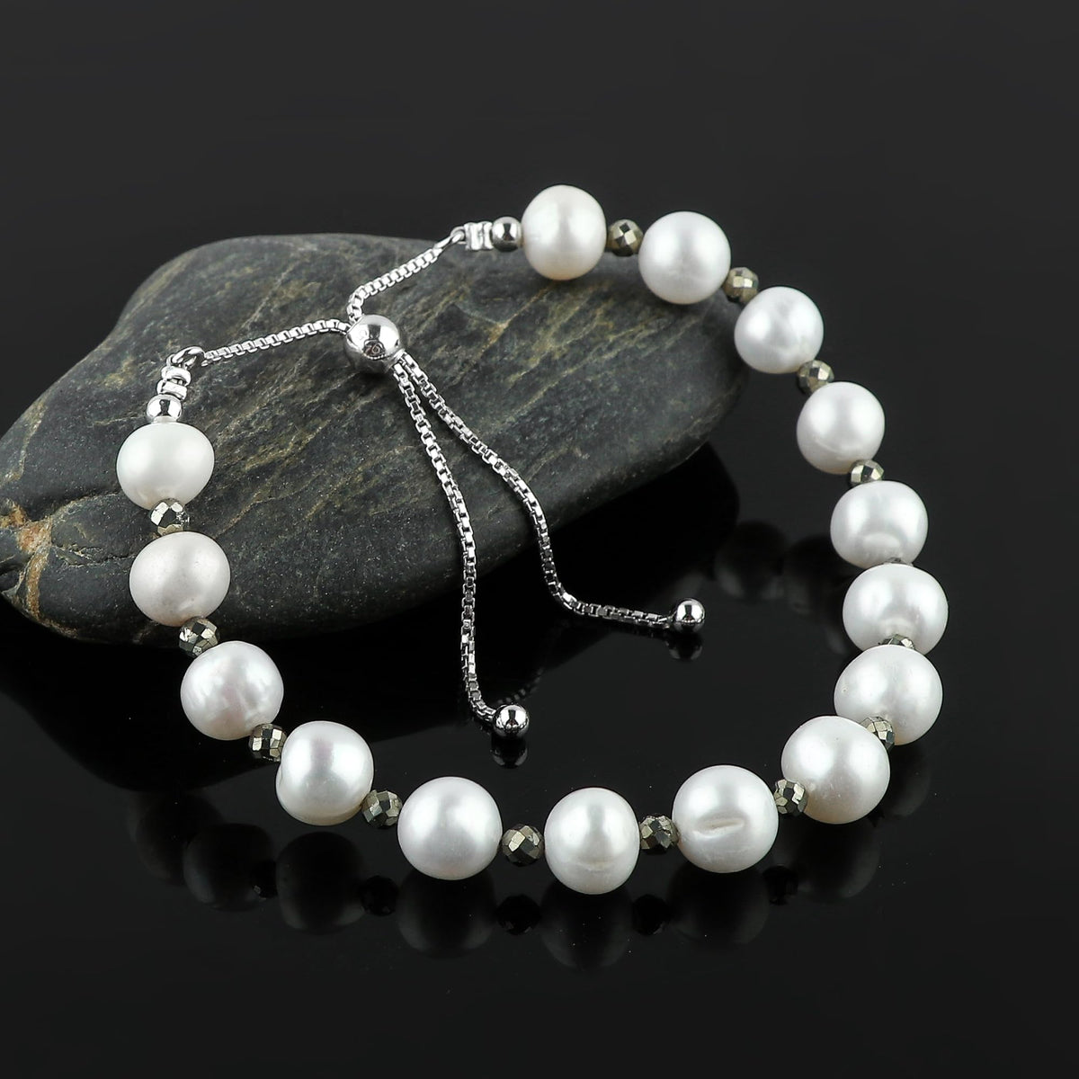CRYSTALIS Natural Pyrite And Freshwater Pearl Beaded Bracelet, Elegant Beads Crystal, Chakra Bracelet, Healing Bracelet, Gemstone Jewelry, Friendship Bracelet, 925 Sterling Silver Slider 10 inch