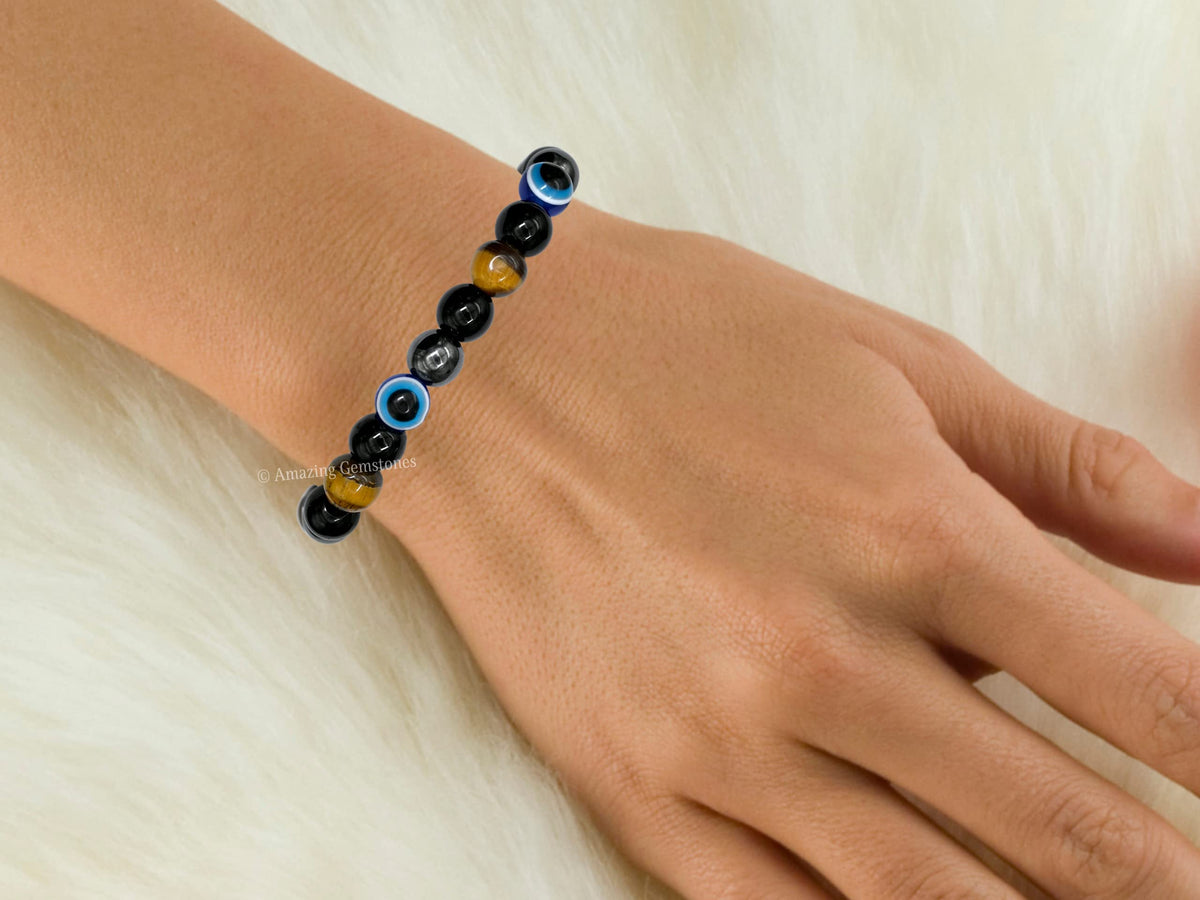 Amazing Gemstone Ultimate Triple Protection Bracelets for Men Women, Evil Eye Bracelet for Protection, Tiger Eye Bracelet, Hematite, Black Obsidian Mens Bracelet, Bad Energy Protection