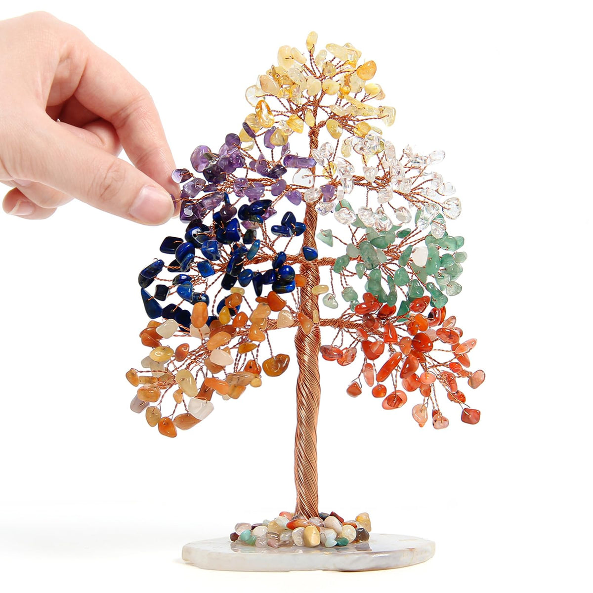 7 Chakra Healing Crystal Tree with Agate Slice Base- 8 Inch High Large Crystal Tree of Life for Home and Office Decor, Yoga, Meditation, Good Luck, Witchcraft, Positive Energy Handmade Birthday Gift