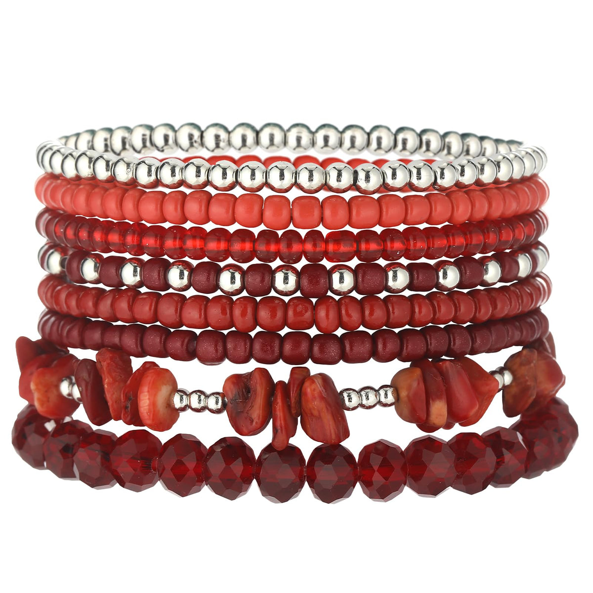 Noessla Boho Beaded Bracelets for Women Stackable Irregular Natural Stone Bead Stretch Bracelet Set 8PCS Costume Jewelry Gifts for Her(Red)