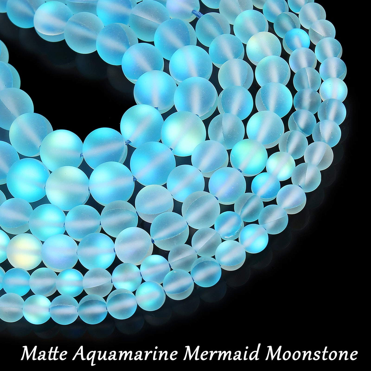 Matte Aquamarine Aurora Crystal Glass Beads, 6MM Frosted Glitter Shining Mermaid Round Loose Beads, Rainbow Holographic Synthetic Moonstone for Jewelry Making DIY Bracelet