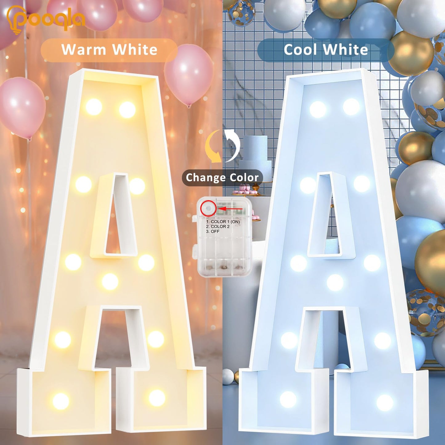 Pooqla 3FT Light Up Marquee Letters, Cool White and Warm White LED Large Lighted Marquee Letters, Giant Mosaic Letter Sign for Balloons Birthday Anniversary Wedding Party Decoration, LED A