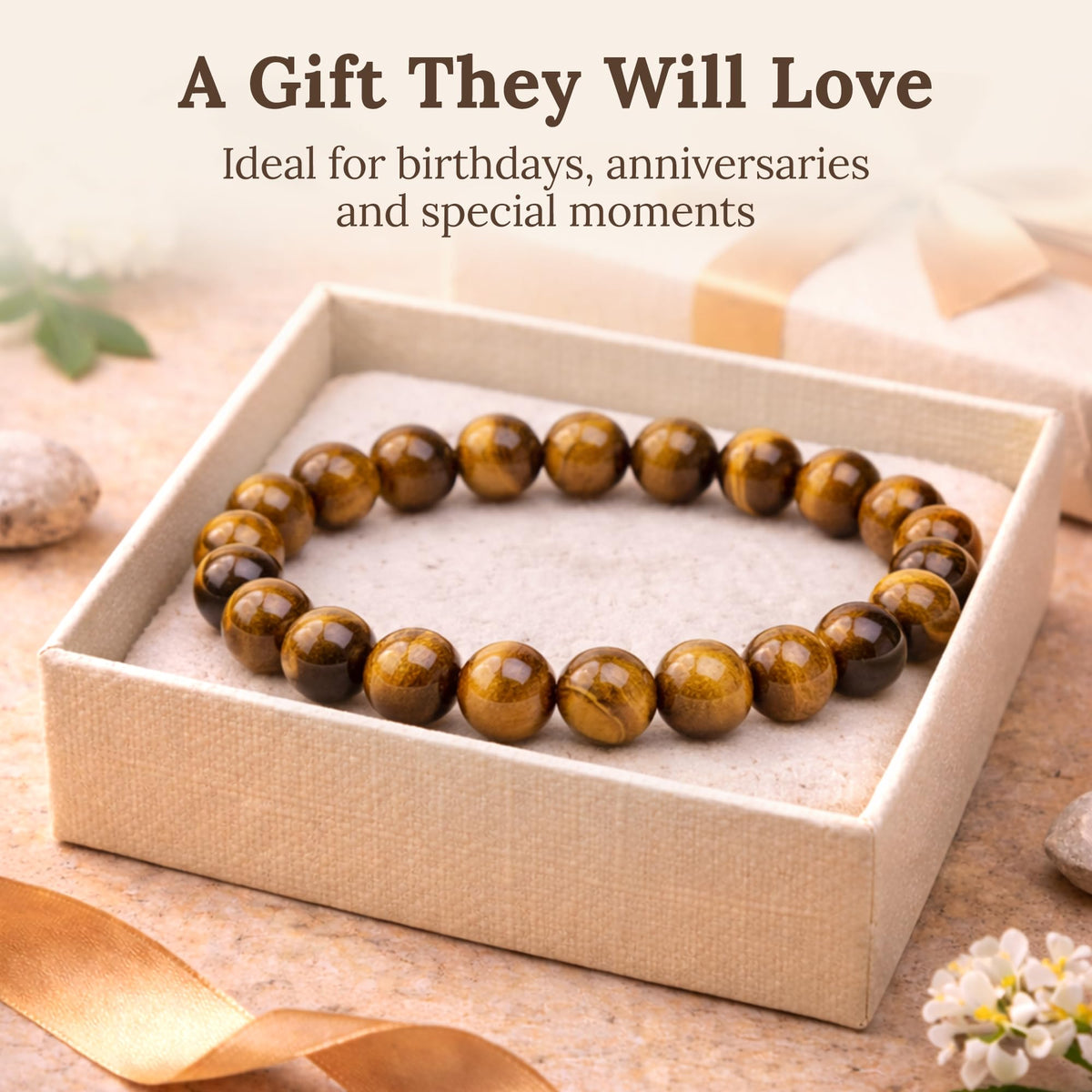 Elm City Direct 8mm Natural Stone Beaded Bracelet – Unisex Crystal Stretch Bracelets for Men & Women, Chakra & Healing Jewelry, Gift-Ready Beaded Bracelets (Tigers Eye, 8mm)