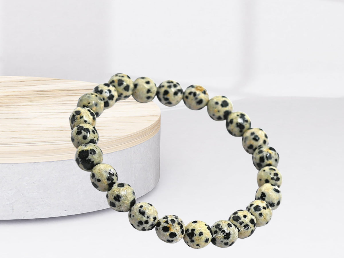 Amazing Gemstone Dalmatian Jasper Bracelet for Women - Chakra Mens Bracelet Protection Crystals and Healing Stones - Blessing Spiritual Meditation Stocking Stuffers (Faceted Beaded Bracelet)