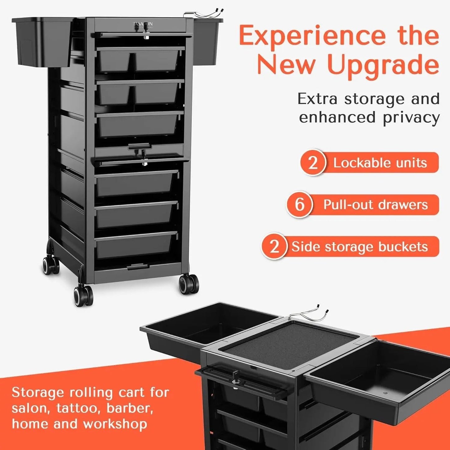 Trolley Premium Lockable Salon Trolley Cart with Wheels and 6 Drawers 2 Bucket,Versatile Salon Cart Hair Trolley on Wheels
