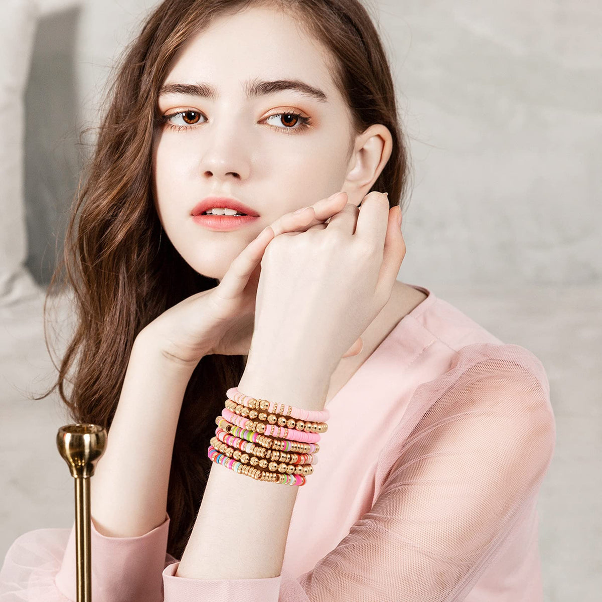 GOOJIDS Surfer Heishi Clay Bead Bracelets for Women Bohemian Stackable Gold Plated Beaded Stretch Bracelets Elastic Layering Friendship Bracelets Set Boho Jewelry