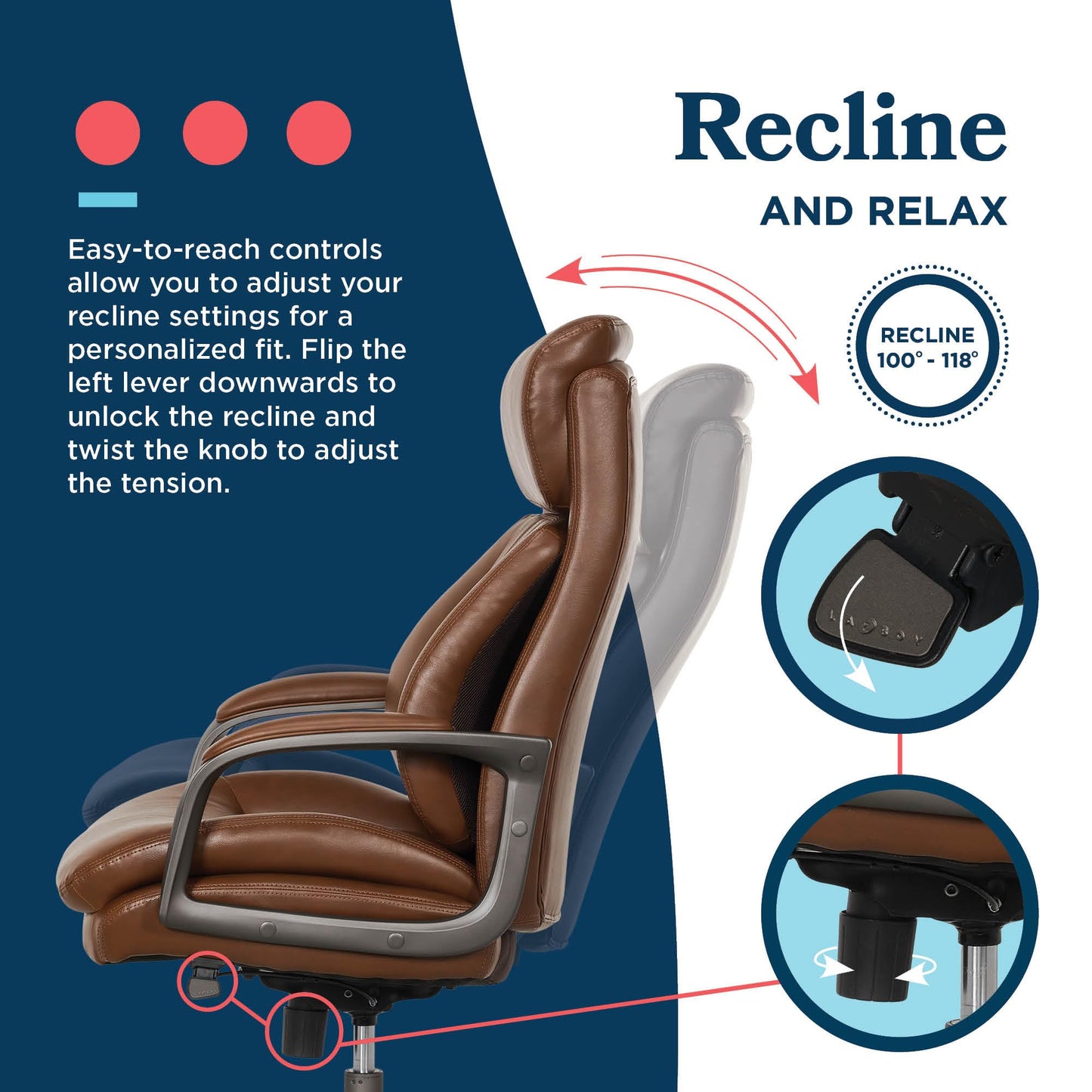 La-Z-Boy Nova Executive Office Chair - Ergonomic High Back Desk Chair with AIR Lumbar Support - Comfortable ComputerChair for Home Office - Vegan Leather - Cognac Brown